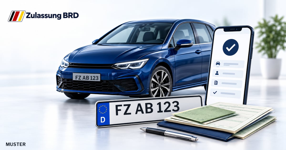Online Fahrzeugzulassung in Neukirchen: Musterkennzeichen FZ AB 123, Auto und Fahrzeugpapiere und Smartphone. Illustration mit Logo von Zulassung BRD.